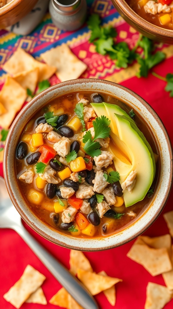 A bowl of southwest chicken soup with black beans, corn, and garnished with cilantro and avocado.